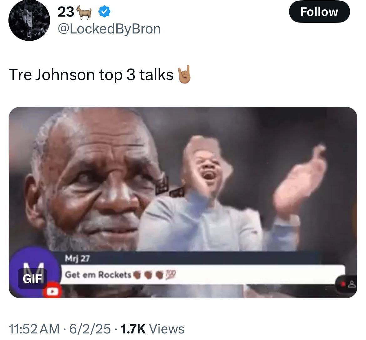 A fan expresses excitement about Tre Johnson (image credit: x/nbacentral)