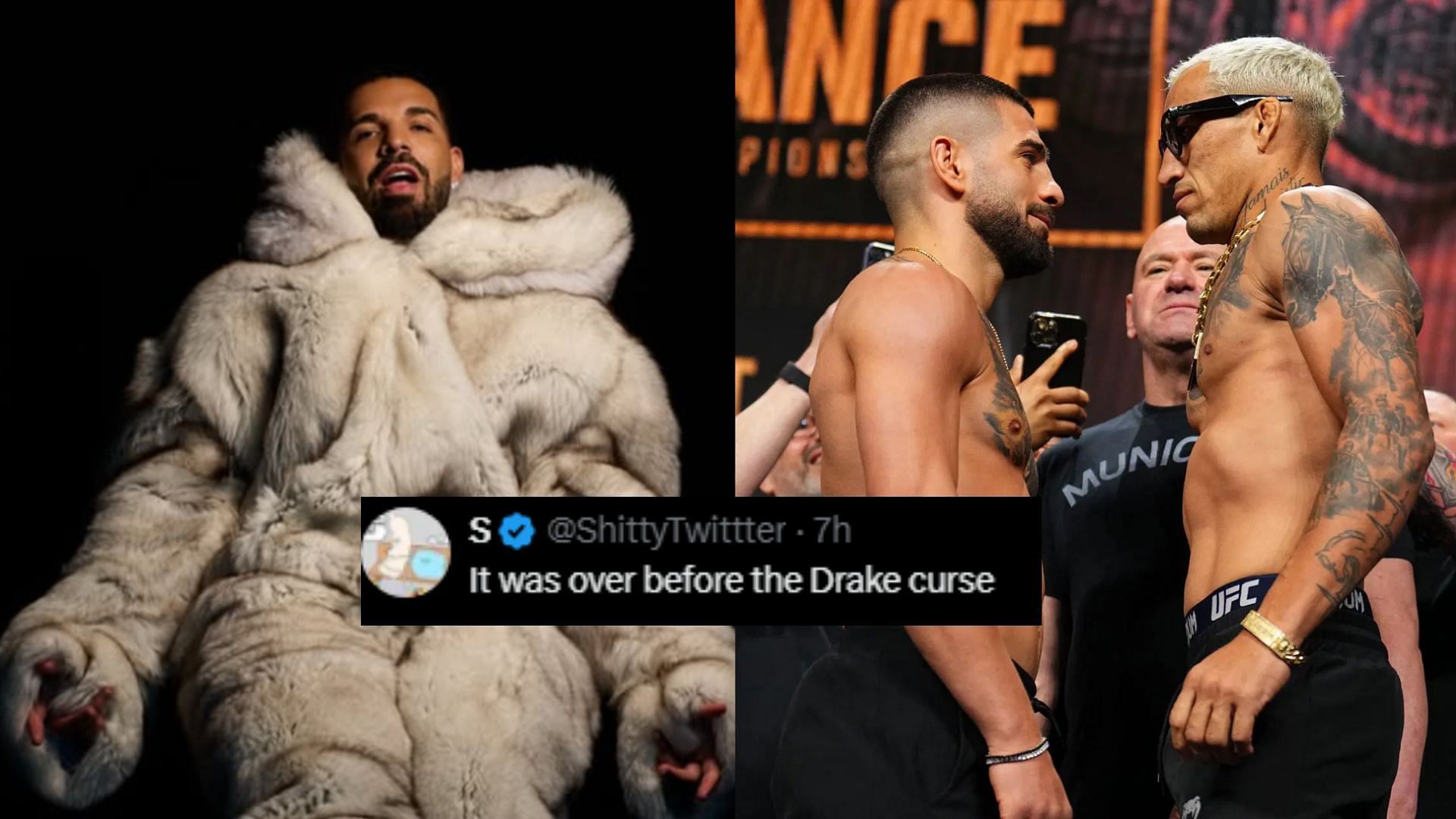 Fans react after Drake (left) places $200K on Charles Oliveira (right) to defeat Ilia Topuria (middle). [Images courtesy: @champagnepapi on Instagram, Getty Images]