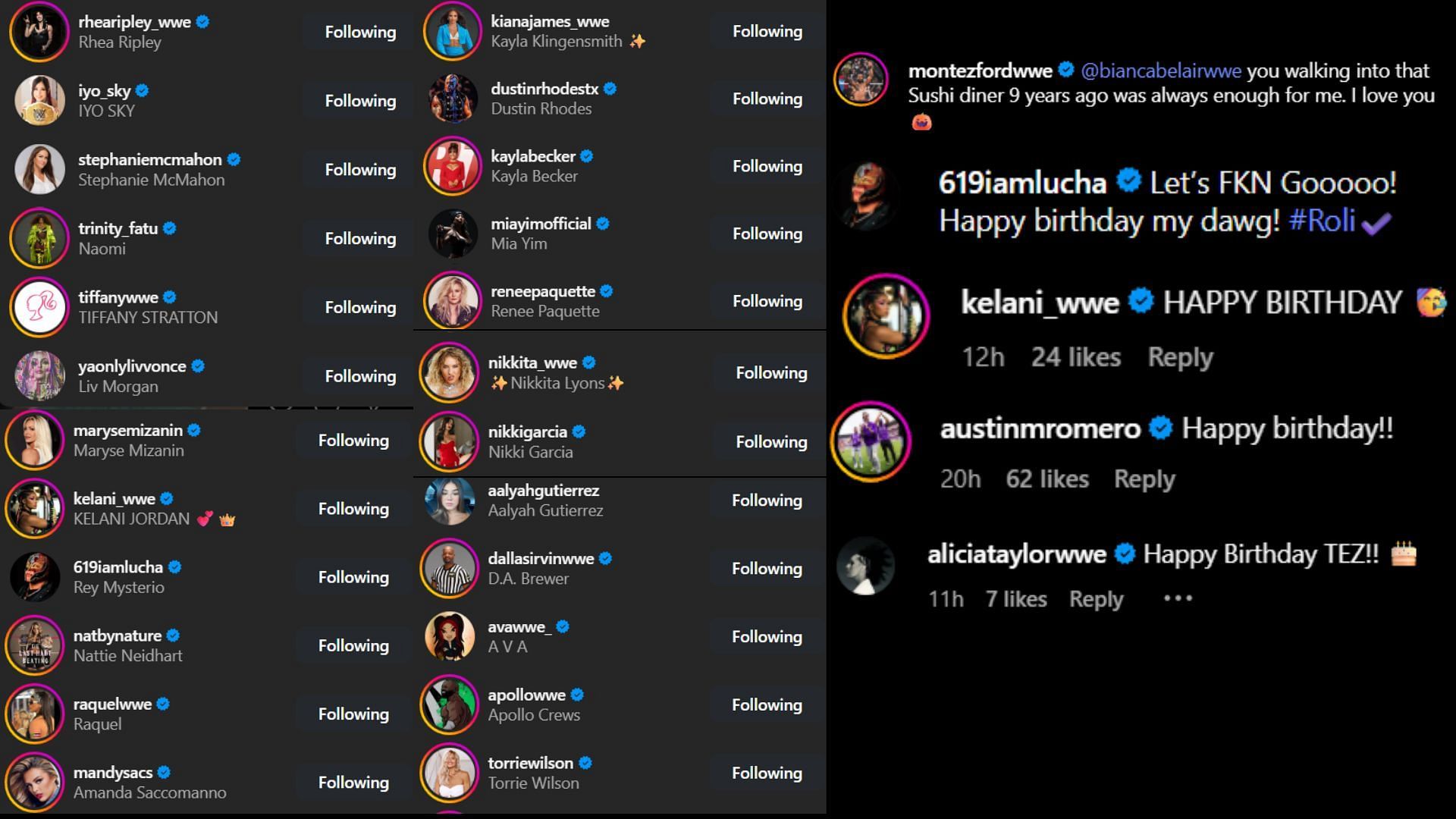 Screenshots of stars&#039; likes and comments [Image credit: Bianca Belair&#039;s Instagram]