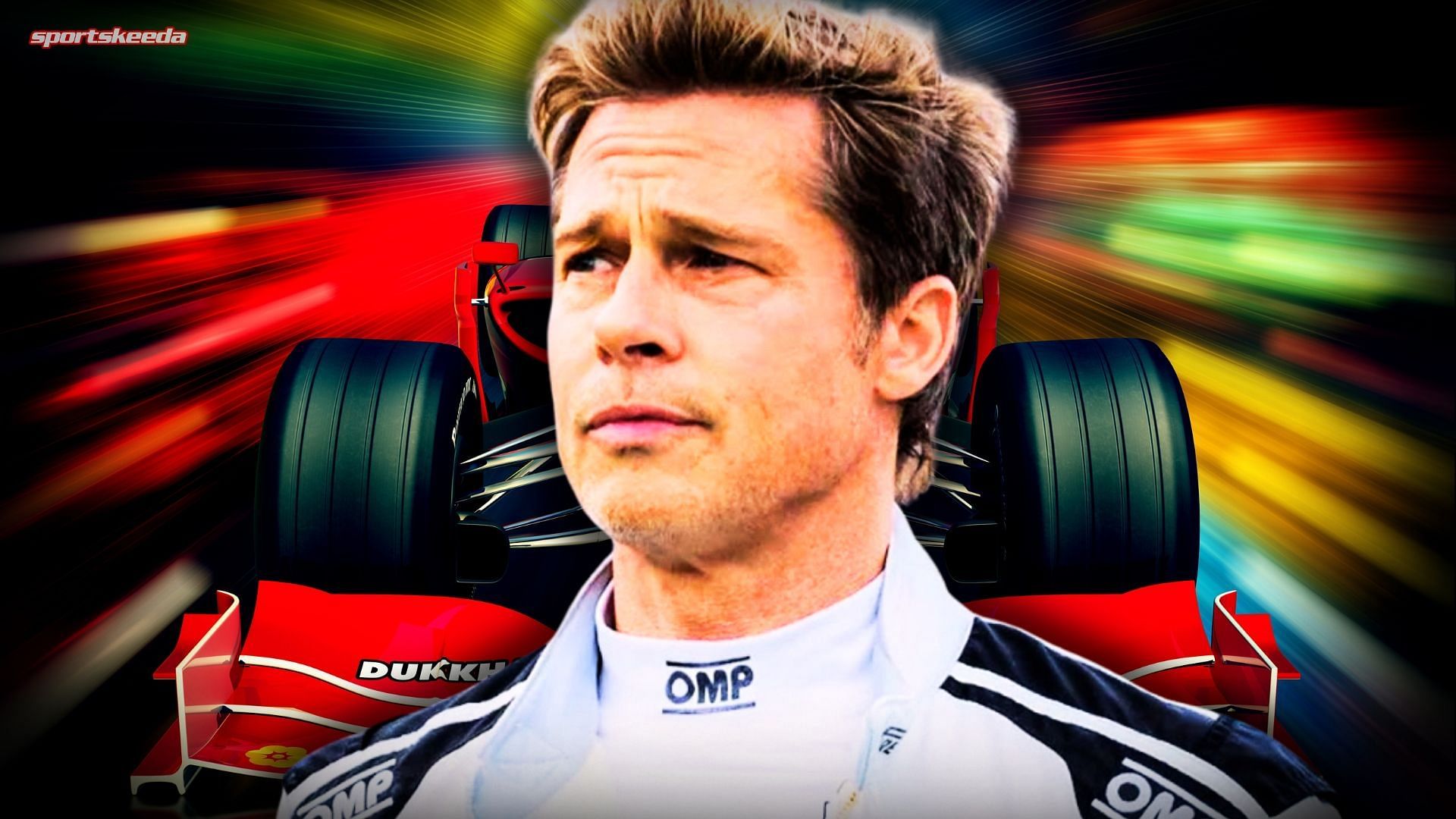 Brad Pitt in racing gear in front of a red Formula 1 car with motion blur background, promoting F1: The Movie and its haptic trailer experience.