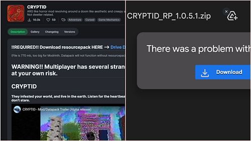Cryptid can be downloaded from Modrinth, and its resource pack can be downloaded from a custom drive link (Image via Modrinth)