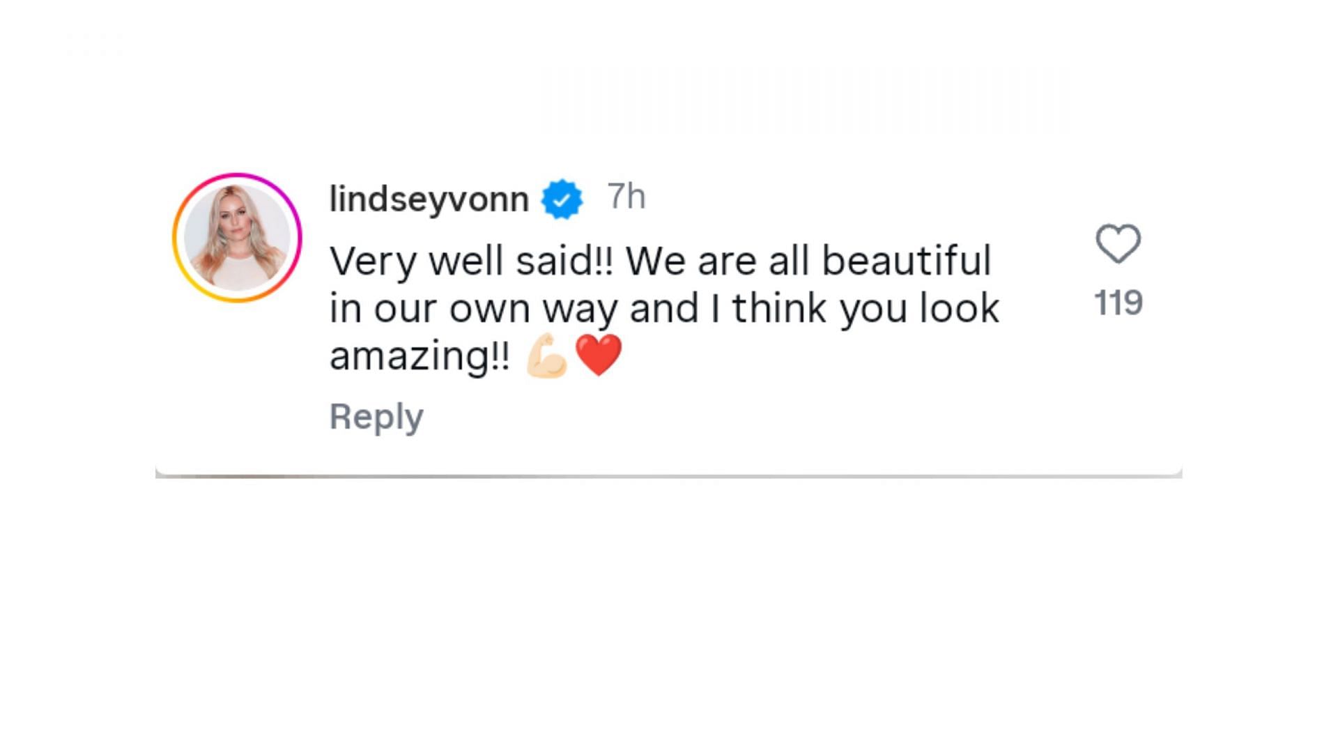 Screengrab of Lindsey Vonn&#039;s comment on Maher&#039;s post [Image Source : Ilona Maher&#039;s Instagram]