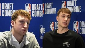 Cooper Flagg reacts as Michigan’s Danny Wolf poses at 2025 SLAM draft suite