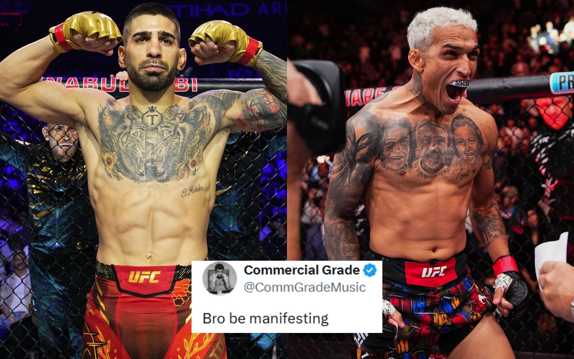 Fans react to Ilia Topuria (left) holding two UFC titles prior to the Charles Oliveira (right) fight at UFC 317. [Images courtesy: @ufceurope on Instagram]
