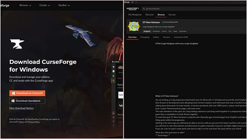 GT New Horizons can be downloaded and installed through the CurseForge app (Image via Sportskeeda Gaming || CurseForge)