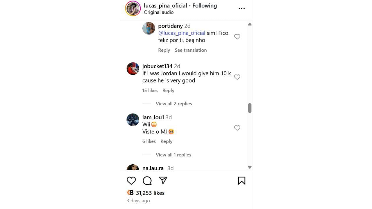 Fan reaction to Lucas Pina performing for Michael Jordan in Lisbon on Monday. [photo: @lucas_pina_oficial/IG]