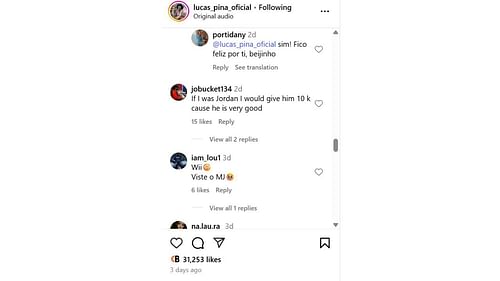 Fan reaction to Lucas Pina performing for Michael Jordan in Lisbon on Monday. [photo: @lucas_pina_oficial/IG]