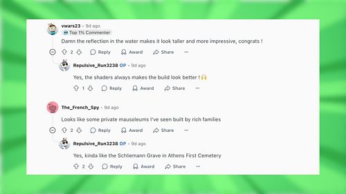 Redditors react to the Greek-themed temple build (Image via Mojang Studios)