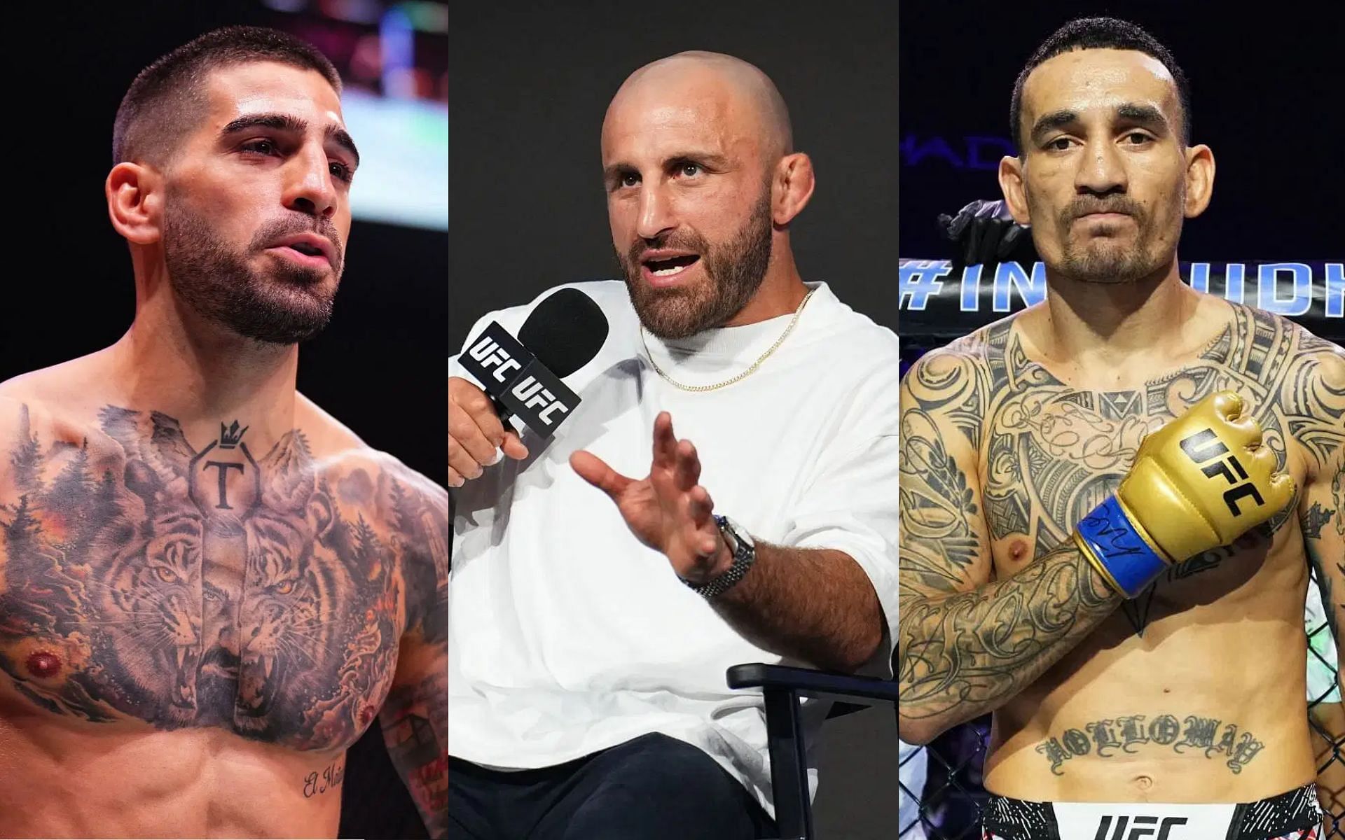 Alexander Volkanovski (middle) stumped by Ilia Topuria (left) and Max Holloway (right) being ranked at featherweight [Images courtesy: Getty Images]