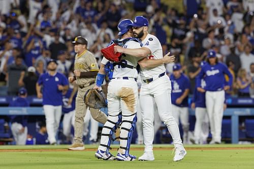 Tanner Scott and Will Smith celebrate a victory against the San Diego Padres - Source: Getty