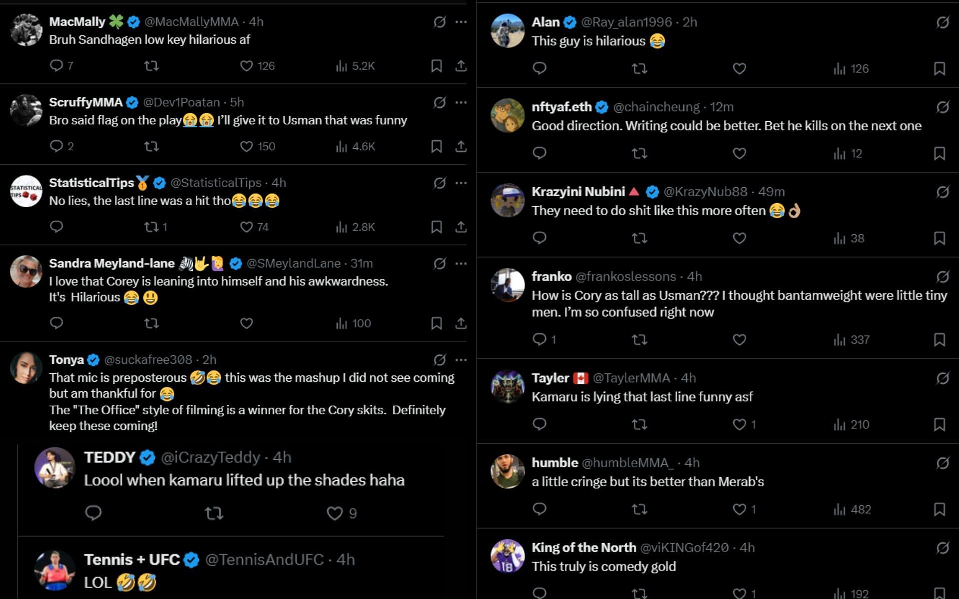 Fans react to Cory Sandhagen&#039;s recent skit with Kamaru Usman. [Screenshots courtesy: @ChampRDS on X]