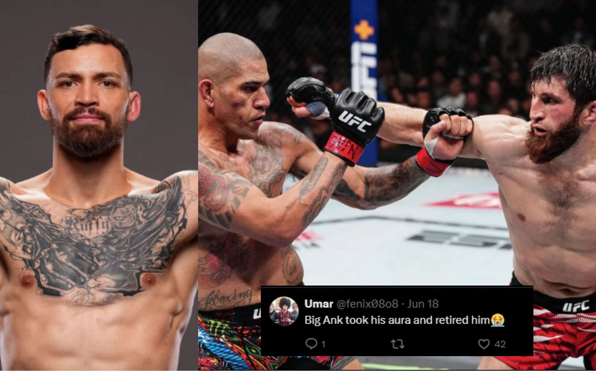 Magomed Ankalev (right)  takes the spotlight as fans troll Alex Pereira (middle) over Mauricio Ruffy (left) linkup. [Image courtesy: Getty Images]