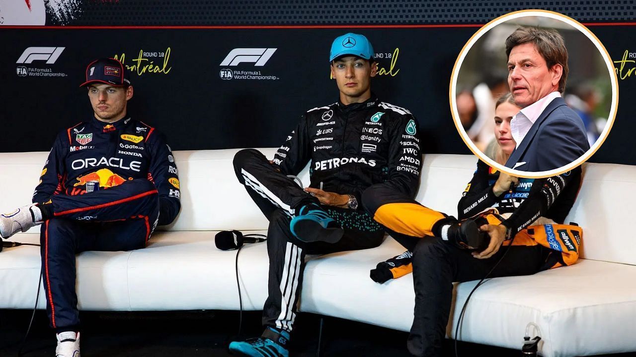 Max Verstappen with George Russell and Mercedes boss Toto Wolff [Image Source: Getty]