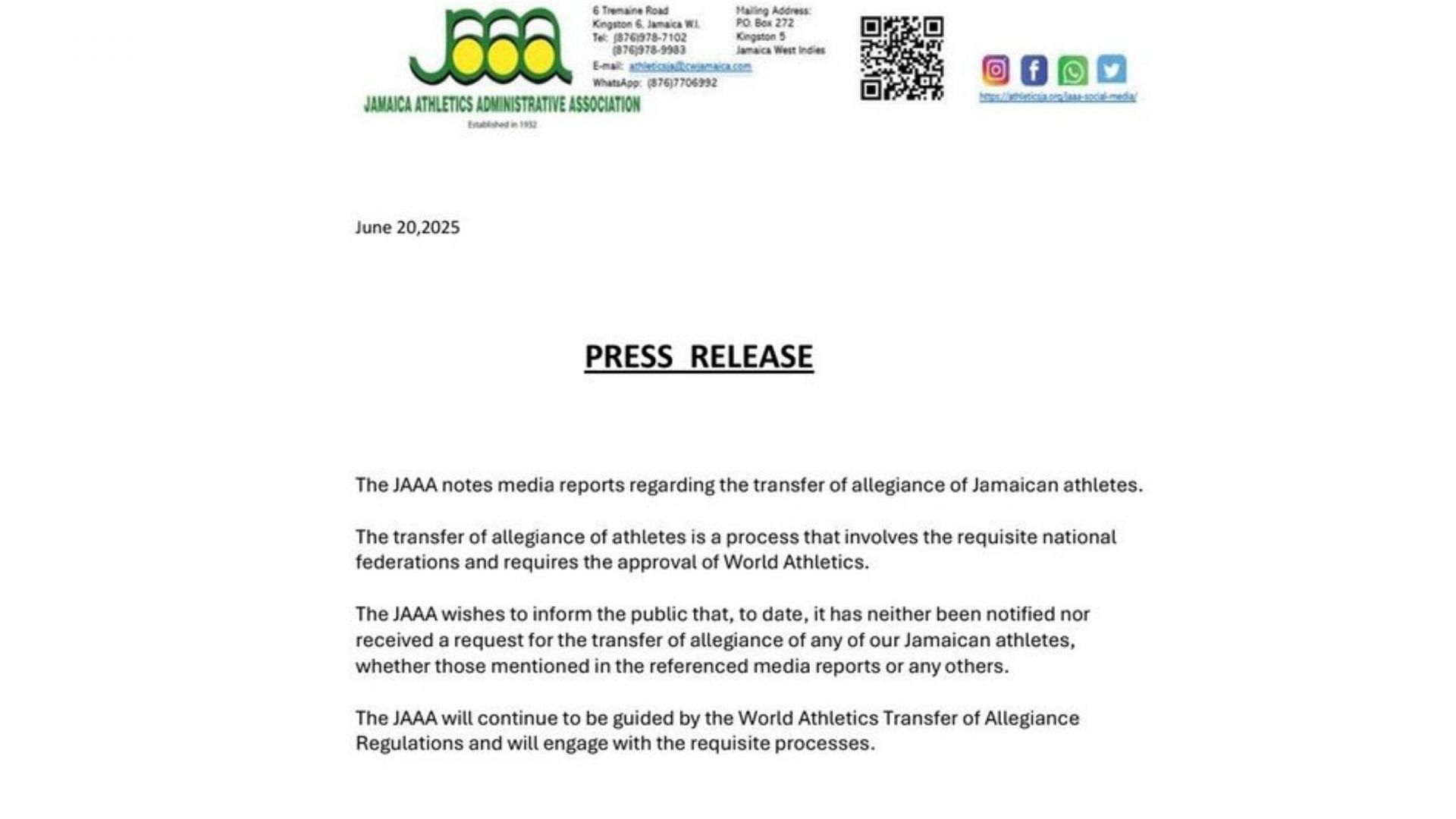 Screengrab of the press release by the Jamaican Athletics Administrative Association [Source: JAAA website]