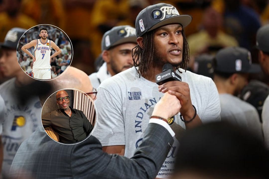 Indiana Pacers center Myles Turner speaks on the mic after their ECF win, Chet Holmgren of the OKC Thunder during an NBA playoffs game, Pacers legend JErmaine O