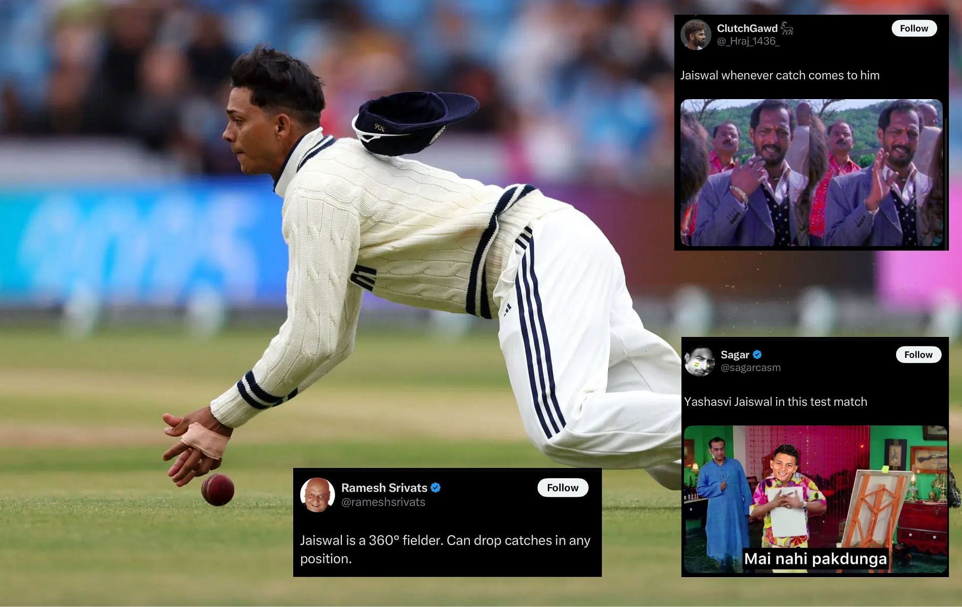 Yashasvi Jaiswal has dropped four catches so far in ENG vs IND 2025 1st Test. (Pics: Getty Images/X/@rameshsrivats/@sagarcasm/@_Hraj_1436_).