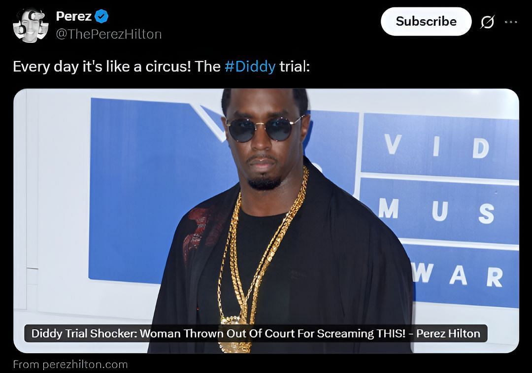 Perez Hilton&#039;s tweet about Diddy&#039;s trial (Image via X/@ThePerezHilton)