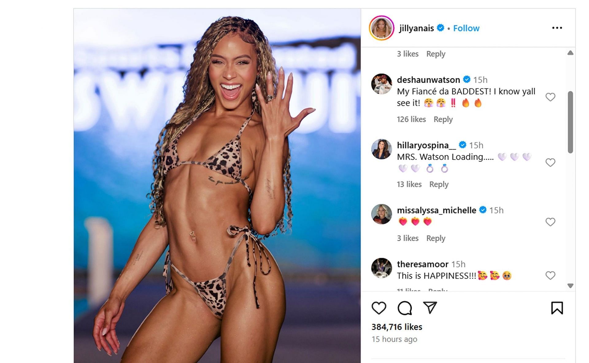Deshaun Watson reacts to fianc&eacute;e Jilly Anais flaunts $2.5 million engagement ring during SI Swimsuit show/@@jillyanais