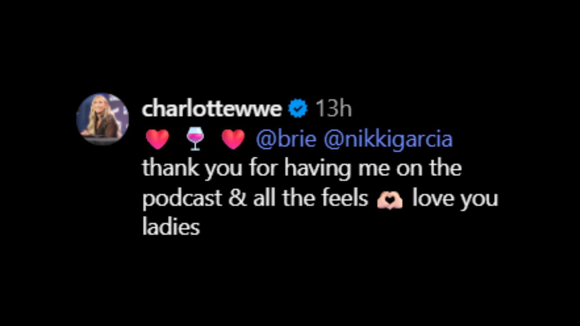 Screenshot of Charlotte Flair&#039;s comment. [Image via Nikki Bella&#039;s Instagram]