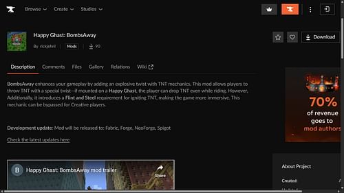 Happy Ghast: BombsAway can be downloaded from the CurseForge website (Image via CurseForge/rickjehnl)