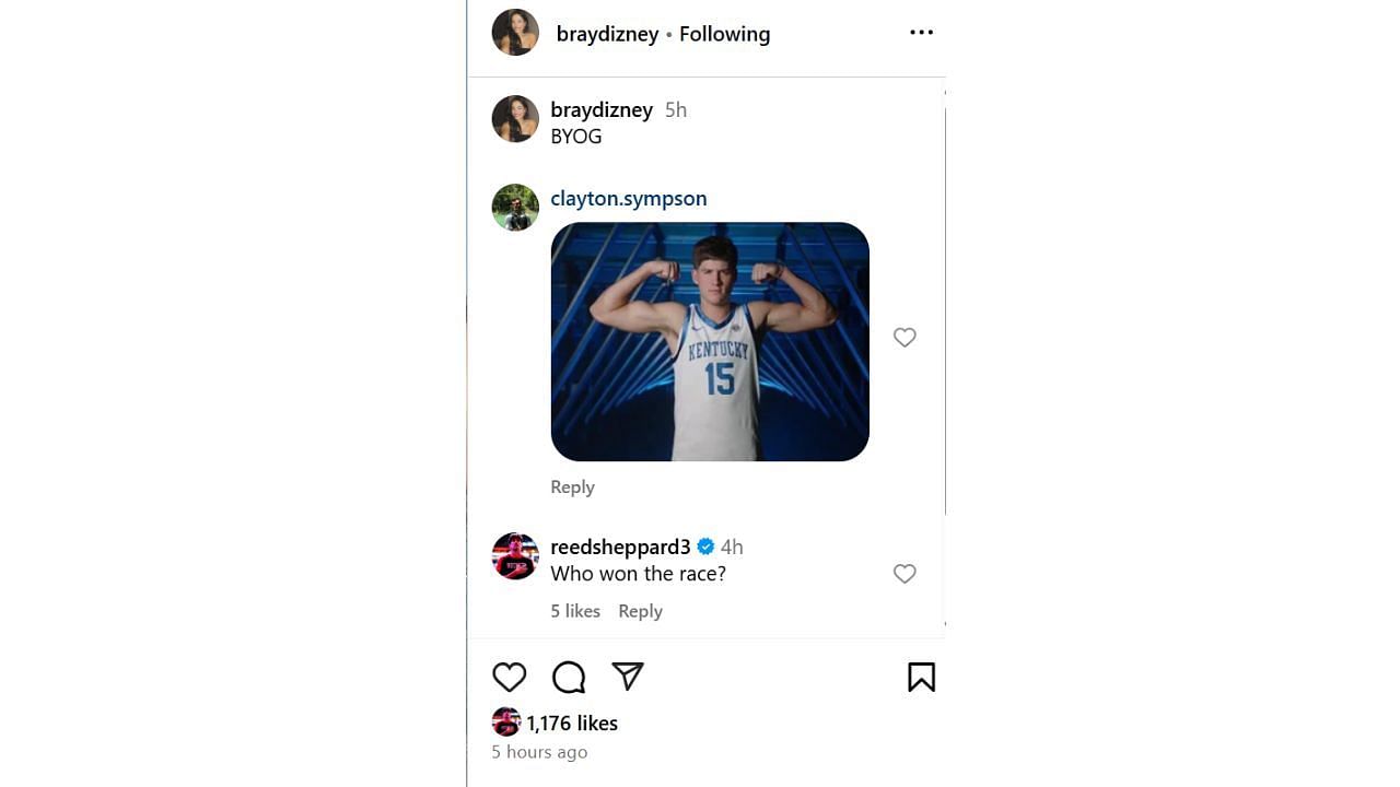 Reed Sheppard reacts to his girlfriend&#039;s IG post on Sunday. [photo: @braydizney/IG]