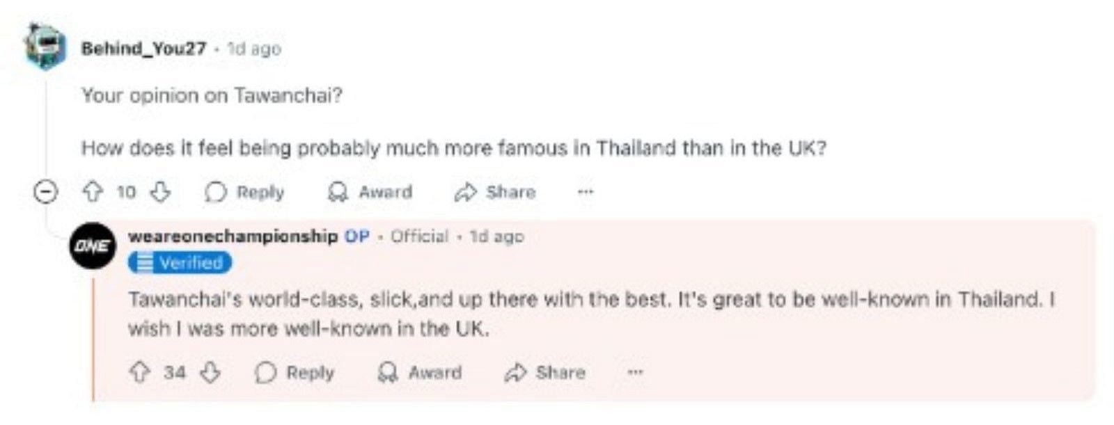 Jonathan Haggerty shares his thoughts on Tawanchai. [Screenshot courtesy of @onechampionship on Reddit]