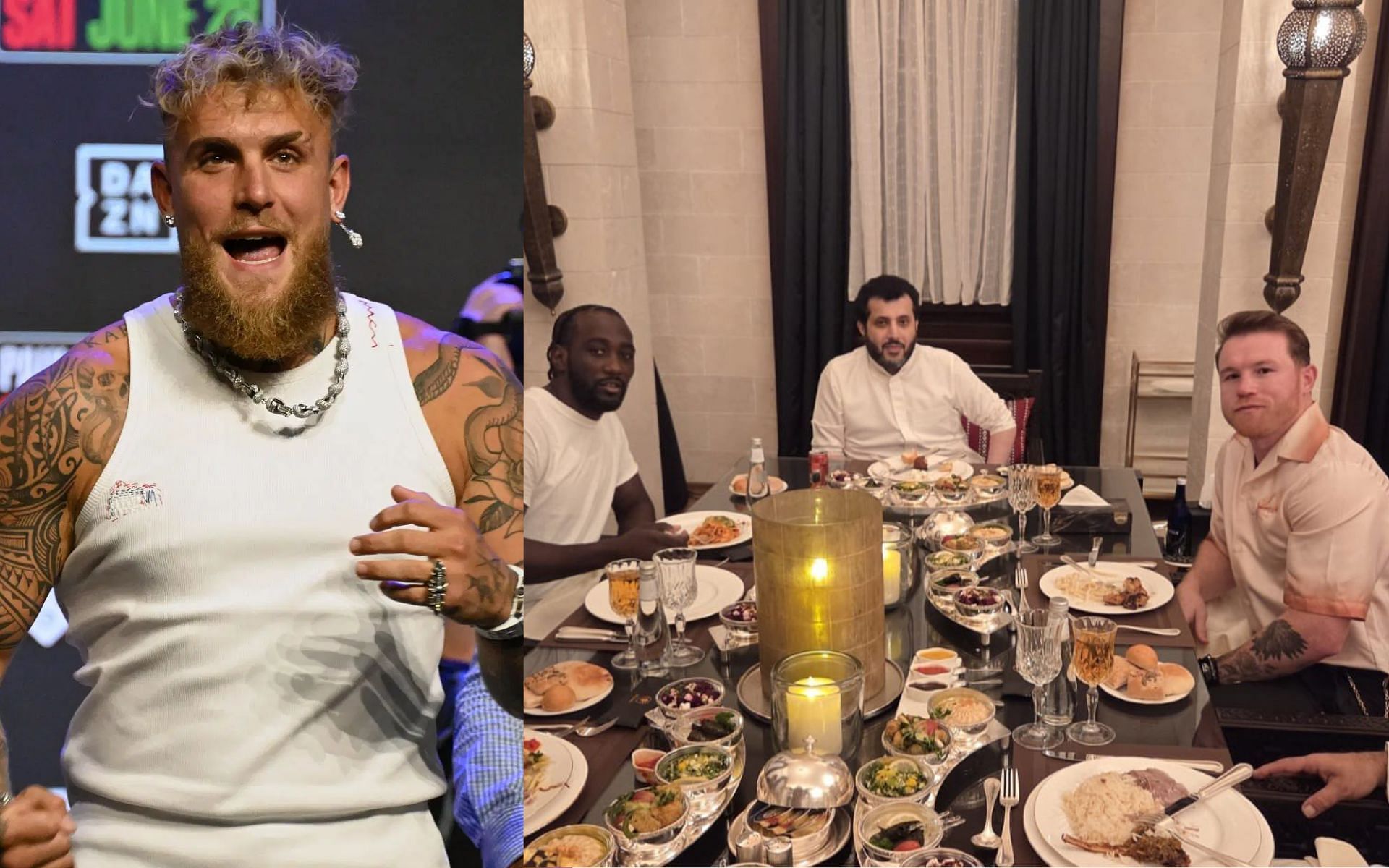 Jake Paul (left) unimpressed with Terence Crawford (middle left) sharing dinner with upcoming opponent Canelo Alvarez (far right) [Images courtesy: Getty Images, @turkialalshikh on X]