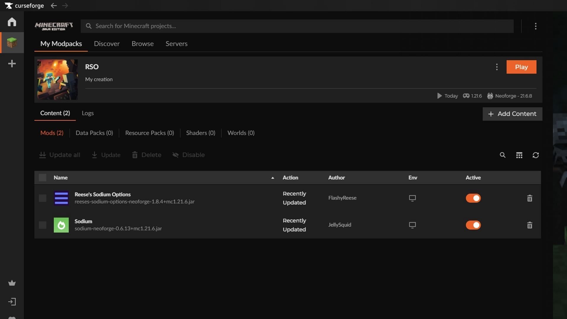 Use a CurSeforge launcher to download and install Minecraft Reese Sodium Options Mod (image via SPORTSKEEDA || Mojang Studios/Flashyreese)