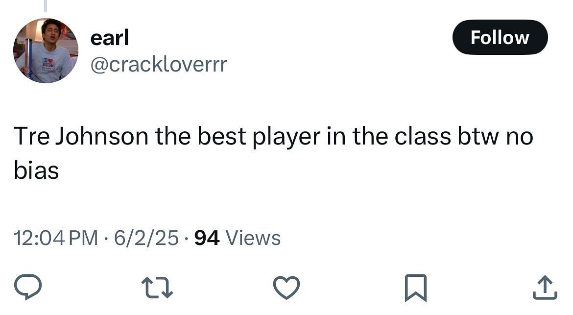 An X user says Johnson is the best player in his draft class (image credit: x/nbacentral)