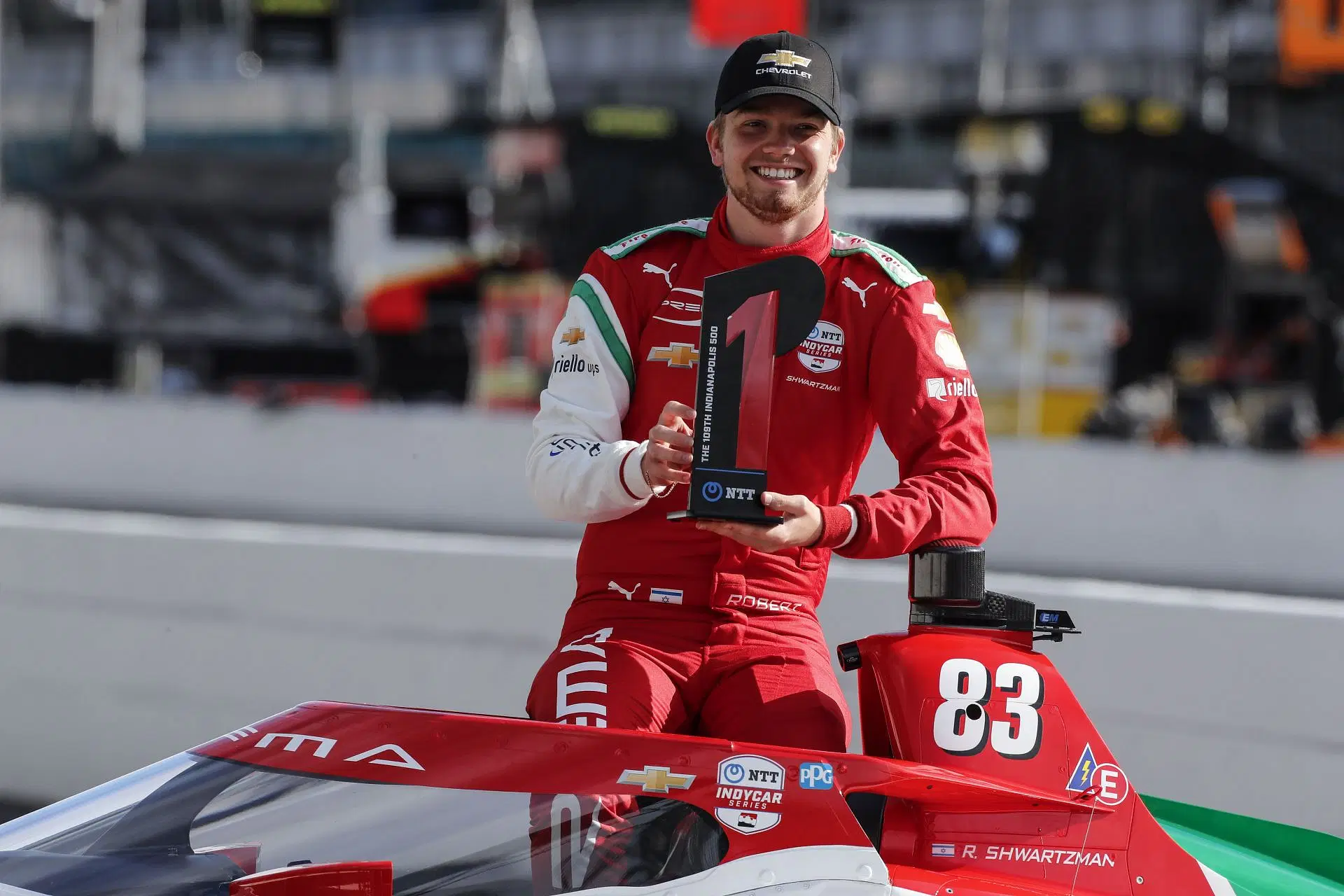 Robert Shwartzman holding the NTT P1 award at the 109th Running Of The Indianapolis 500 - Source: Getty