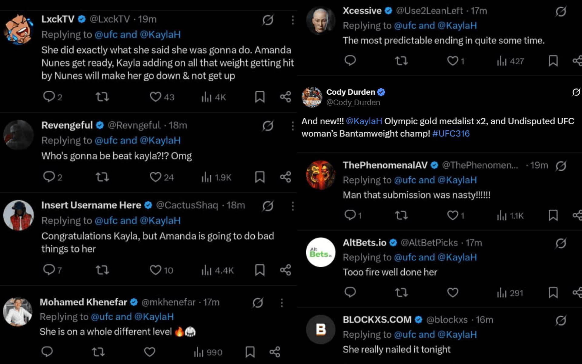 MMA world&#039;s reaction to Kayla Harrison defeating Julianna Pena at UFC 316. [Screenshots courtesy: @ufc on X]