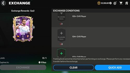 Snippet showing EA FC Mobile TOTS 25 Saul exchange requirements (Image via EA Sports)