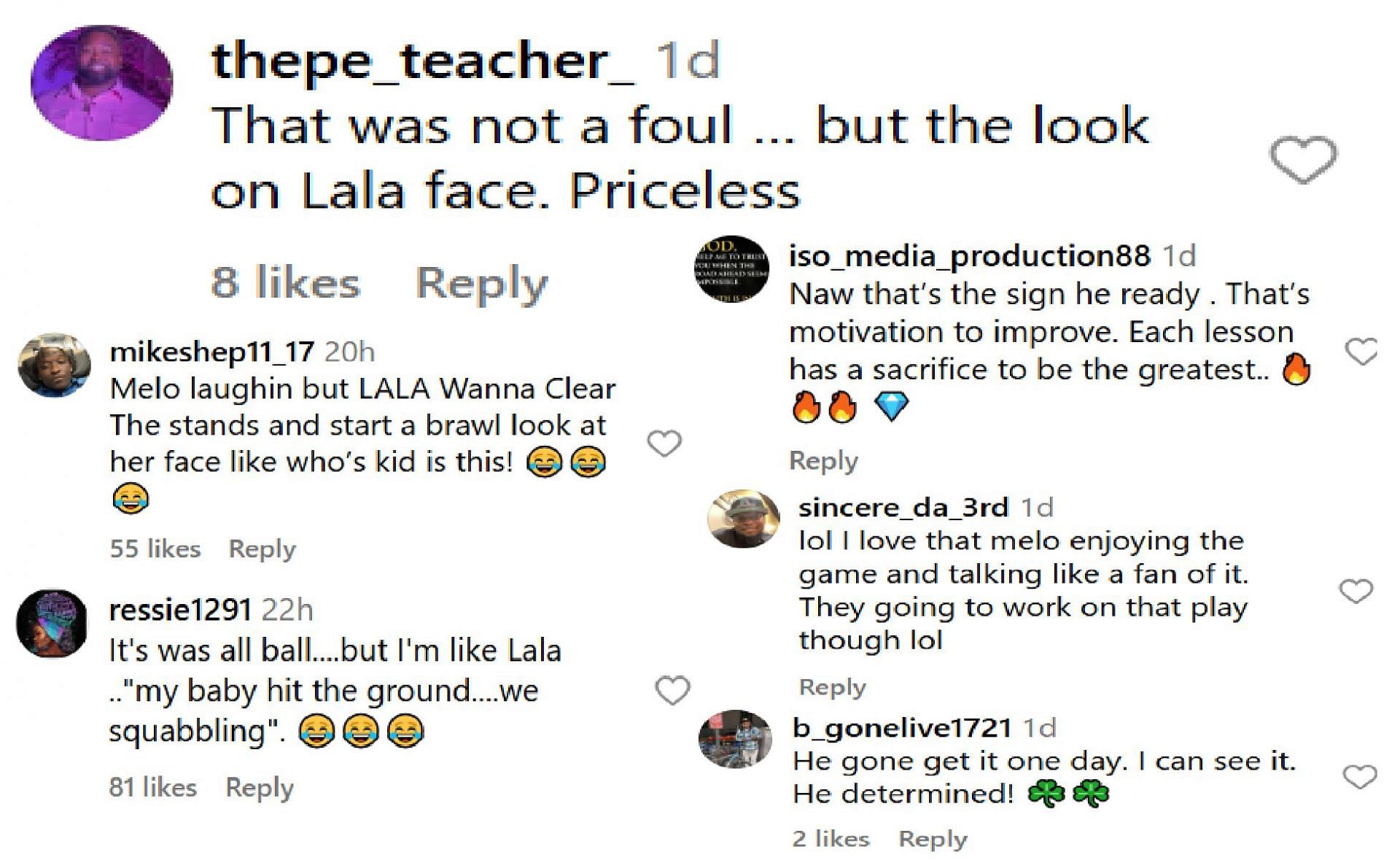Fans react to Carmelo and La La&#039;s reaction to Kiyan Anthony getting blocked (source: IG/ sportscenternext)