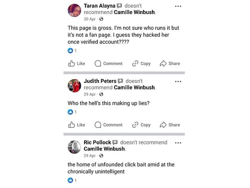 Reviews calling out the Facebook page (Image via Facebook/ @Camille Winbush.)