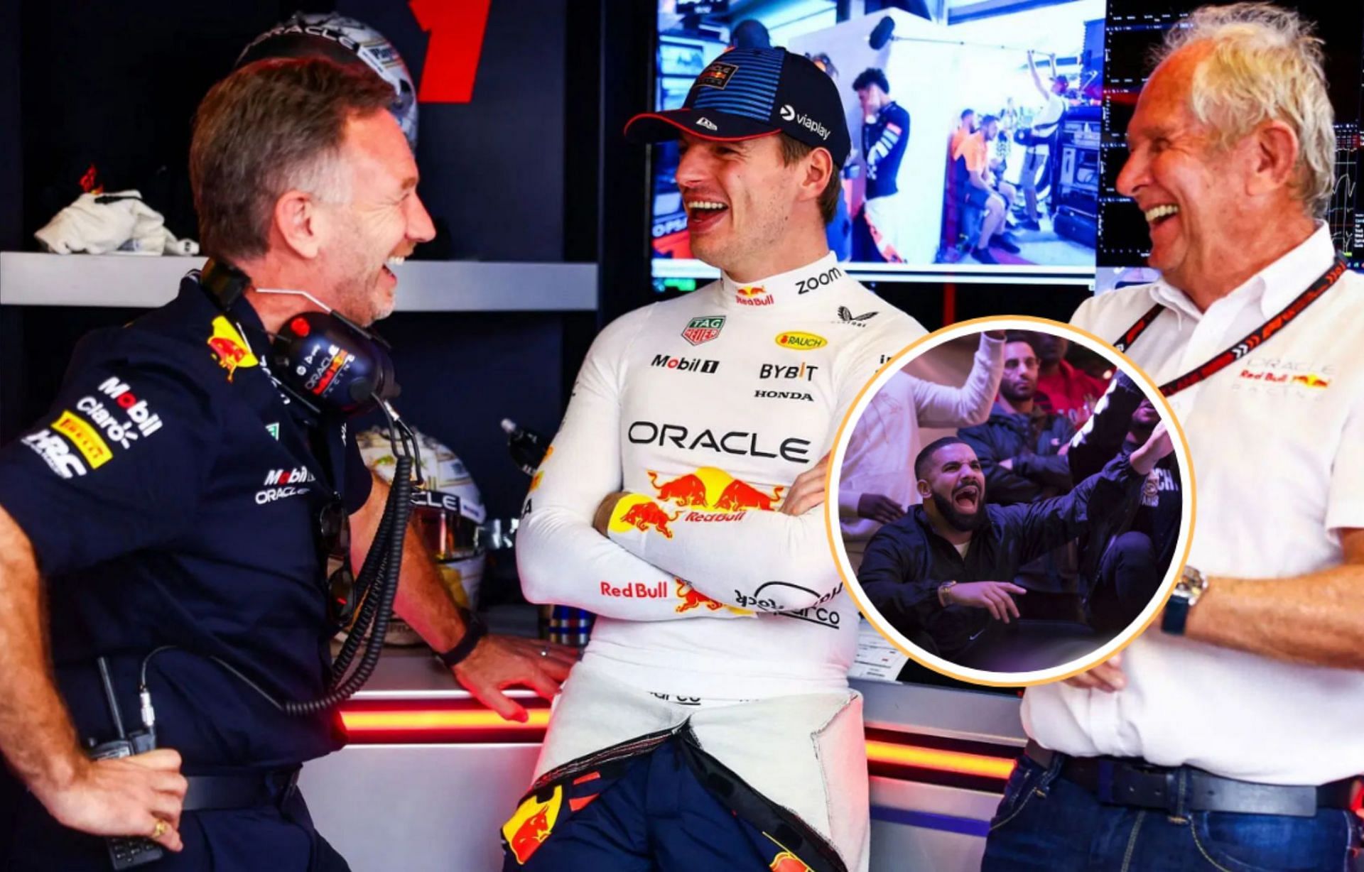 Oracle Red Bull Racing Team Principal Christian Horner, Max Verstappen of the Netherlands and Oracle Red Bull Racing and Oracle Red Bull Racing Team Consultant Dr Helmut Marko share a joke in the garage during final practice ahead of the F1 Grand Prix of Abu Dhabi at Yas Marina Circuit on December 07, 2024 in Abu Dhabi, United Arab Emirates. Source: Getty; (Inset) Toronto rapper Drake watches a screen alongside other Toronto Raptors fans as they gather to watch Game Six of the NBA Finals outside of Scotiabank Arena on June 13, 2019 in Toronto, Canada.