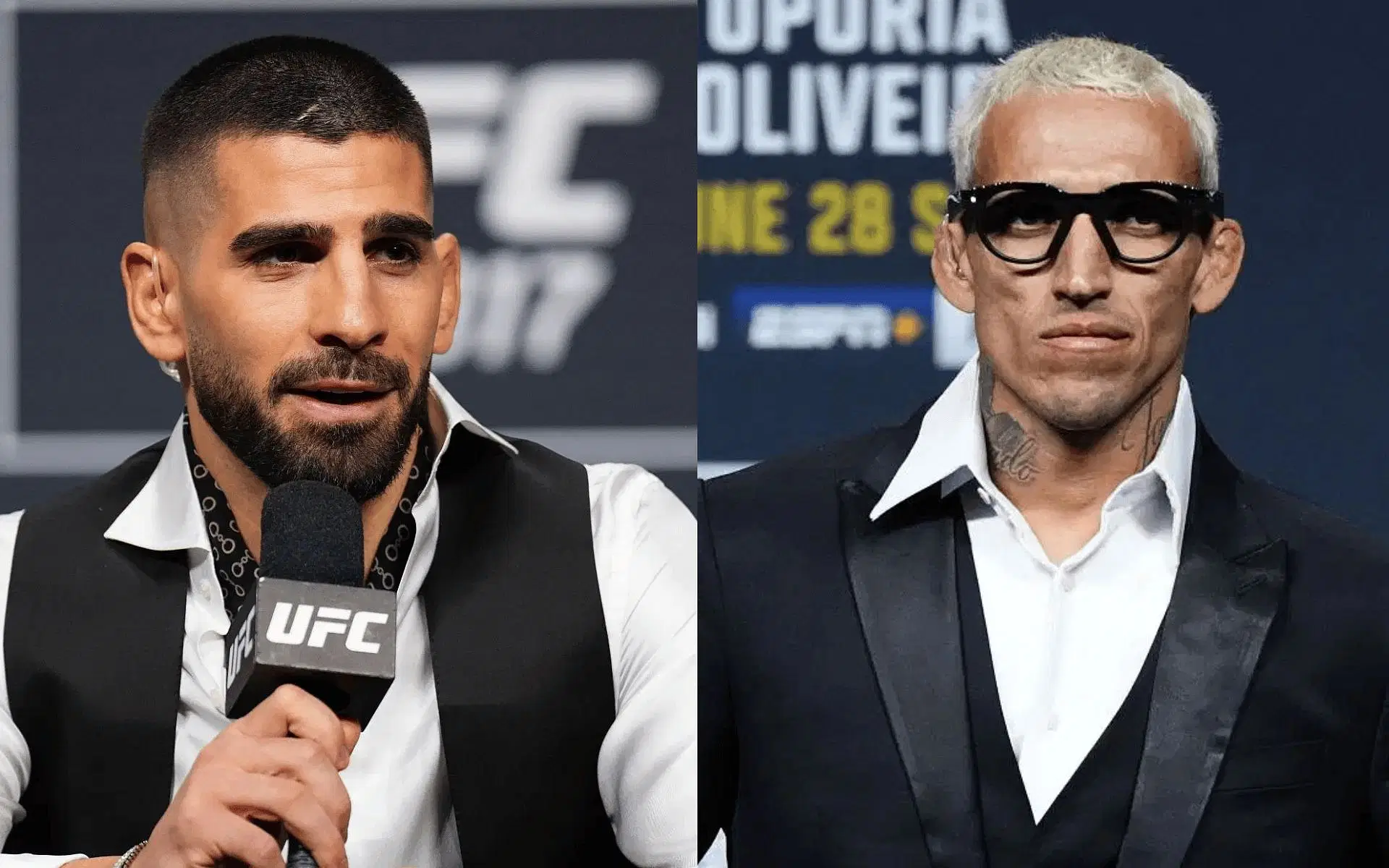 Ilia Topuria (left) reacts to Charles Oliveira