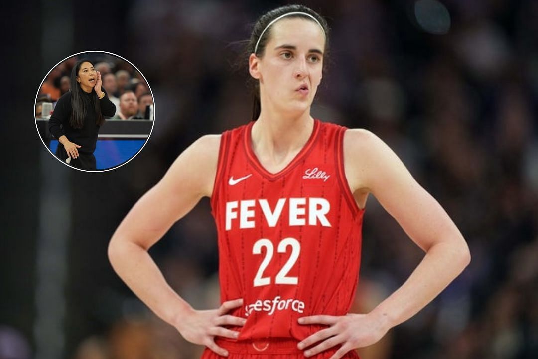 Indiana Fever star Caitlin Clark looks dejected during a WNBA game, Golden State Valkyries HC Natalie Nakase shouts instructions during a game 