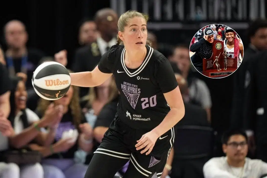 Golden State Valkyries guard Kate Martin runs the ball up the court during a WNBA game, Aliyah Boston and Dawn Staley pose with the SEC Trophy in 2023 