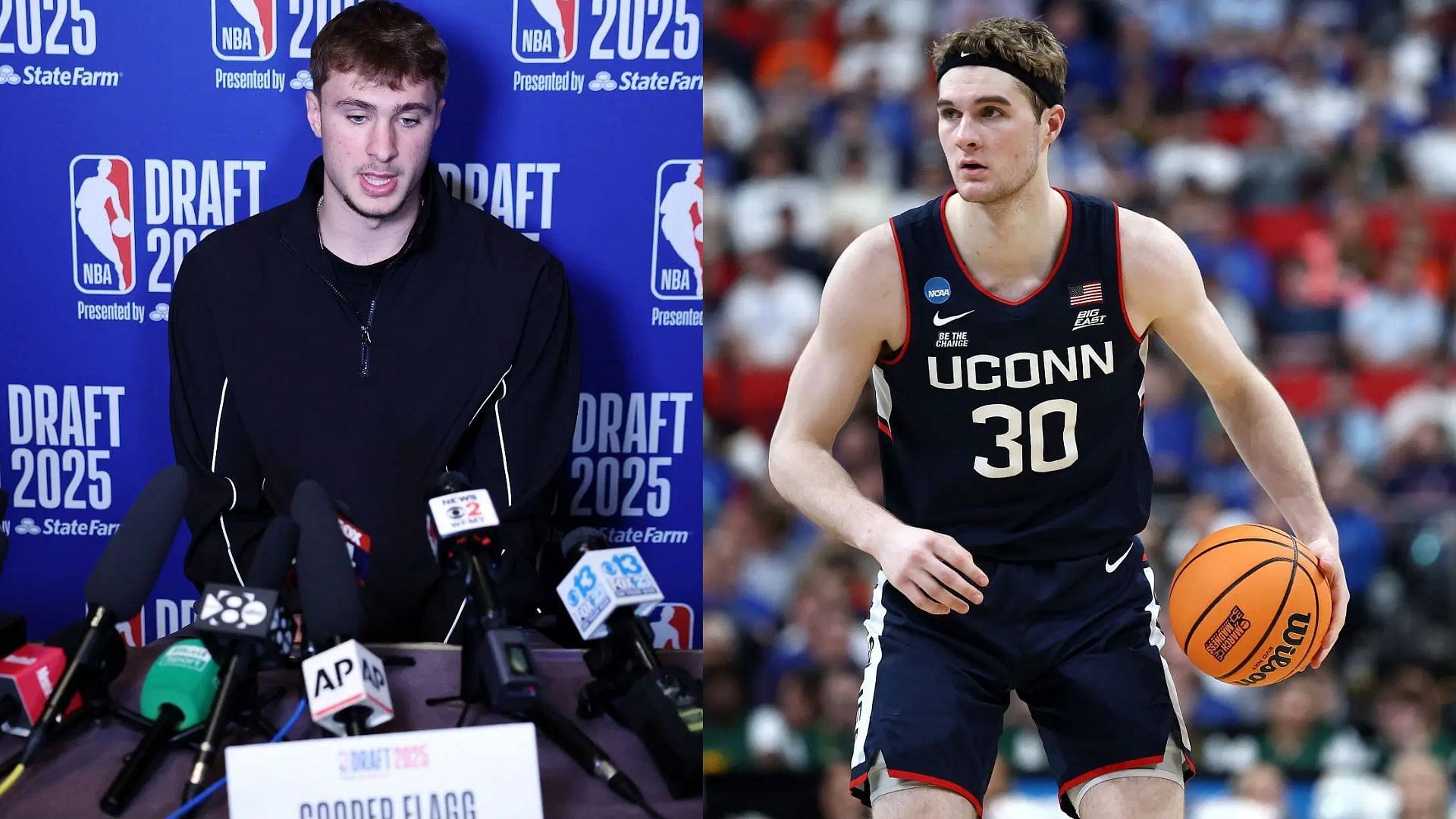 Liam McNeeley reacts as Cooper Flagg shares his red flags hours ahead of the 2025 NBA Draft - Image source: Images via Getty