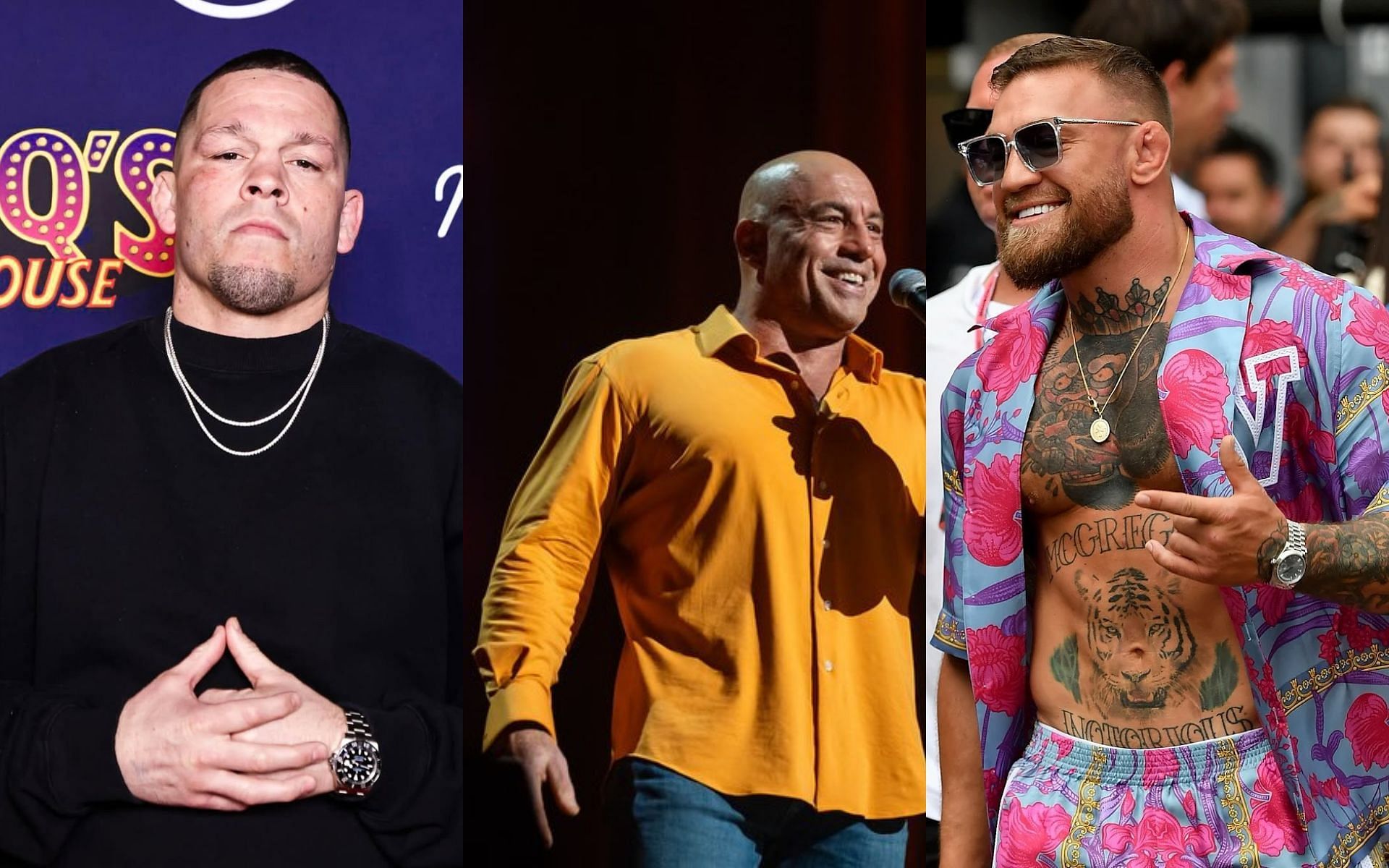 Joe Rogan (center) talks about Nate Diaz