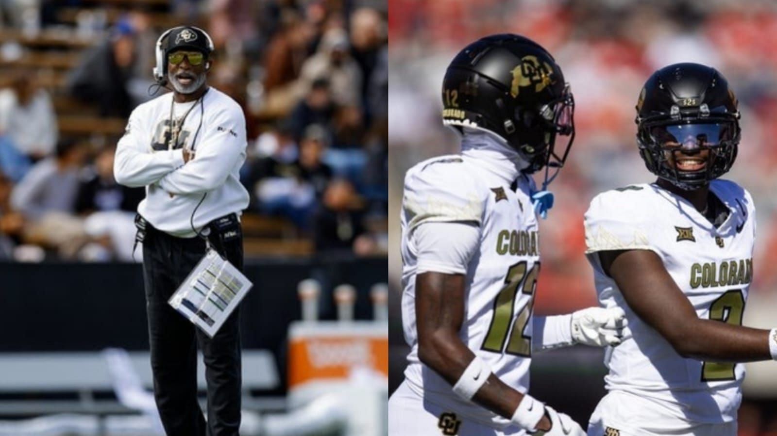 Deion Sanders (L) Travis Hunter and Shedeur Sanders (R) Image credit: Imagn