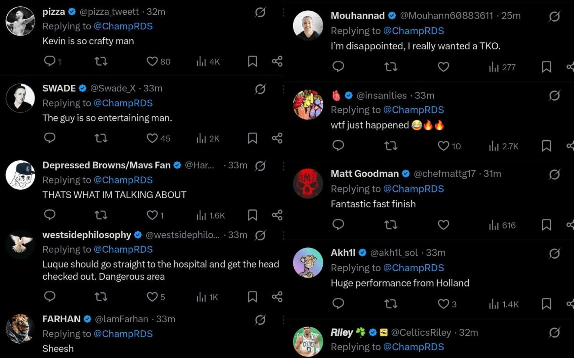 Fans&#039; reaction to Kevin Holland finishing Vicente Luque via submission. [Screenshots courtesy: @ChampRDS on X]