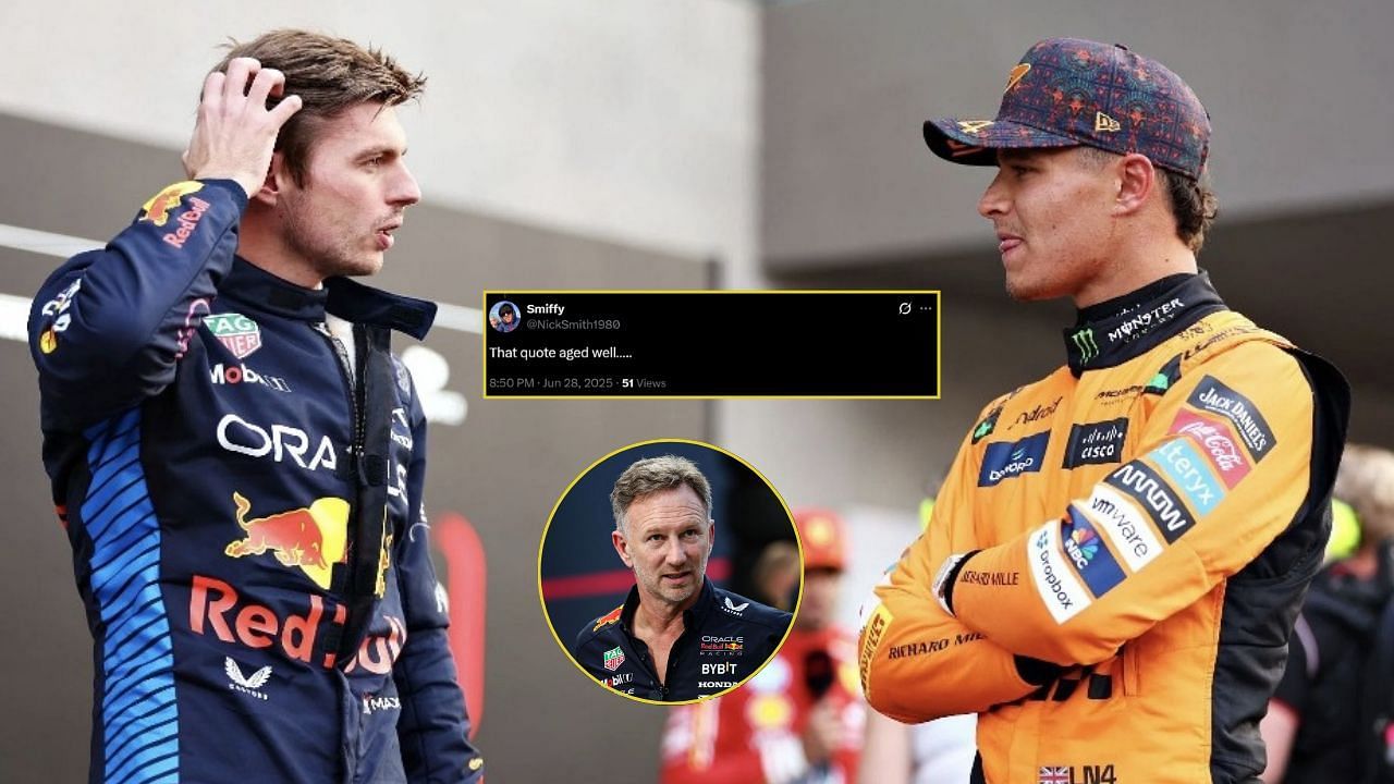 In Picture: Max Verstappen and Lando Norris (foreground). Christian Horner (circle). Credit: Getty Images. Fan reaction by: https://x.com/NickSmith1980