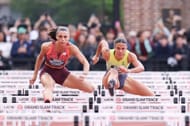 Sydney McLaughlin-Levrone (L) at Philadelphia Grand Slam Track (Photo by Roger Wimmer/ISI Photos/Getty Images)