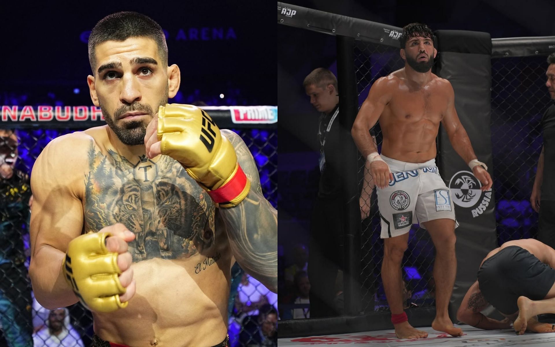 Arman Tsarukyan (right) bashes Ilia Topuria (left). [Images courtesy: @ufccanada and @arm_011 on Instagram]