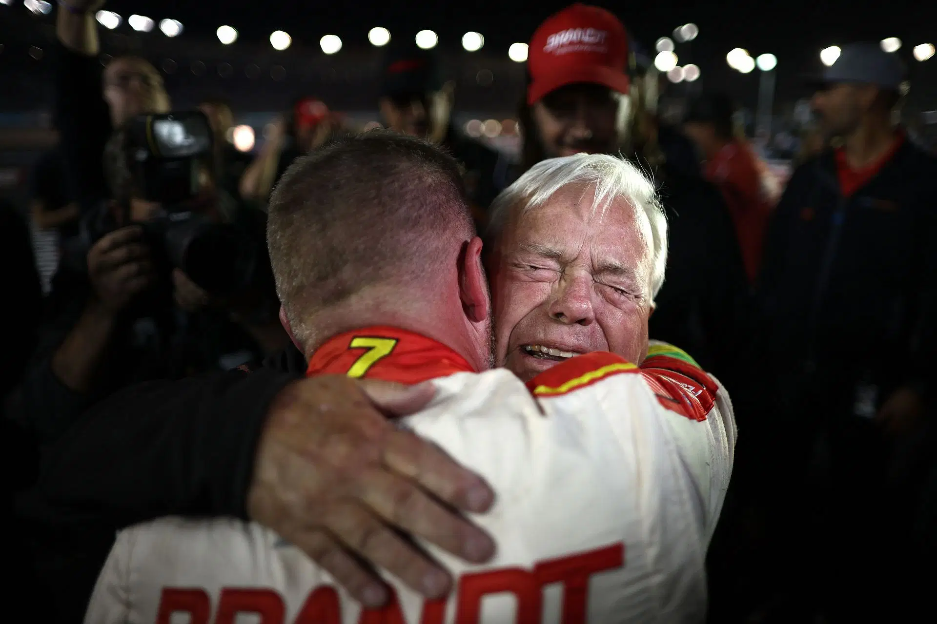 Justin Allgaier with his father, Mike Allgaier after winning the 2024 NASCAR Xfinity Series Championship. Source: Getty