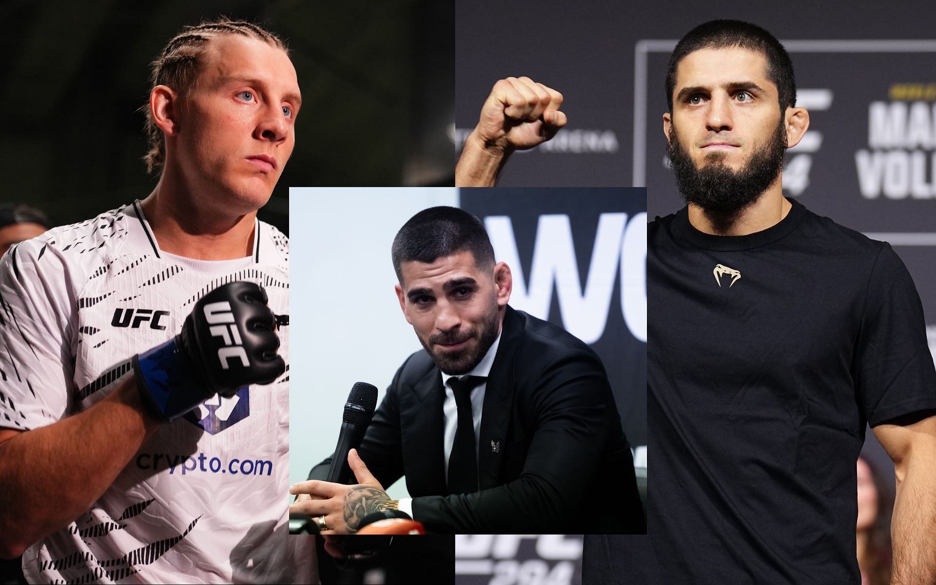 Ilia Topuria (inset) believes Paddy Pimblett (left) is a bigger draw than Islam Makhachev (right). [Images courtesy: Getty]