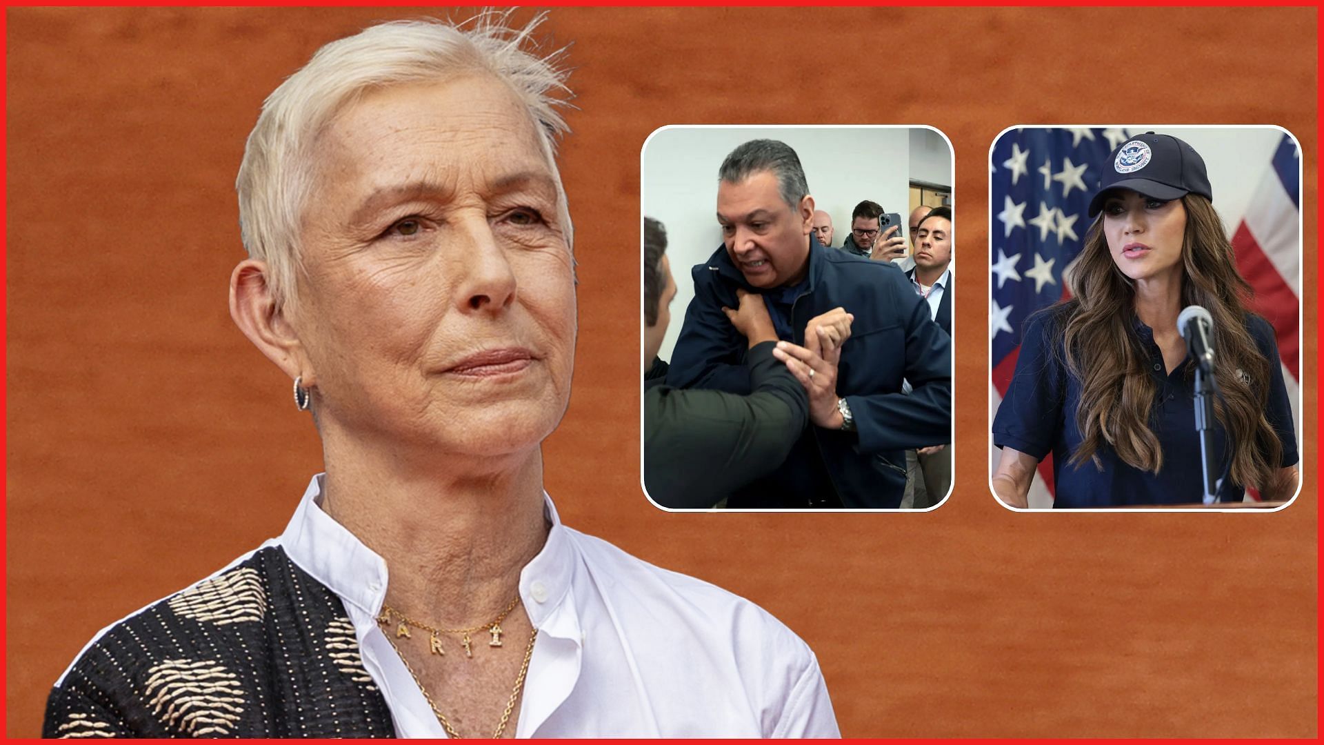 Martina Navratilova, Alex Padilla (inset), and Kristi Noem (inset) | Getty