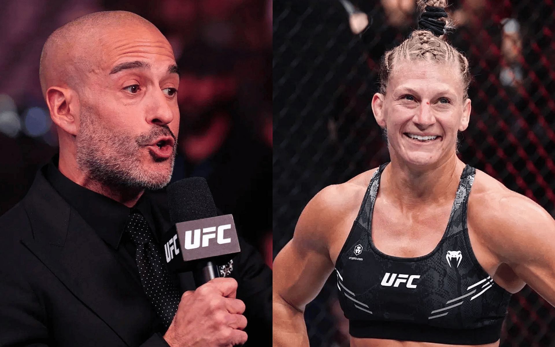 Jon Anik (left) talks about Kayla Harrison