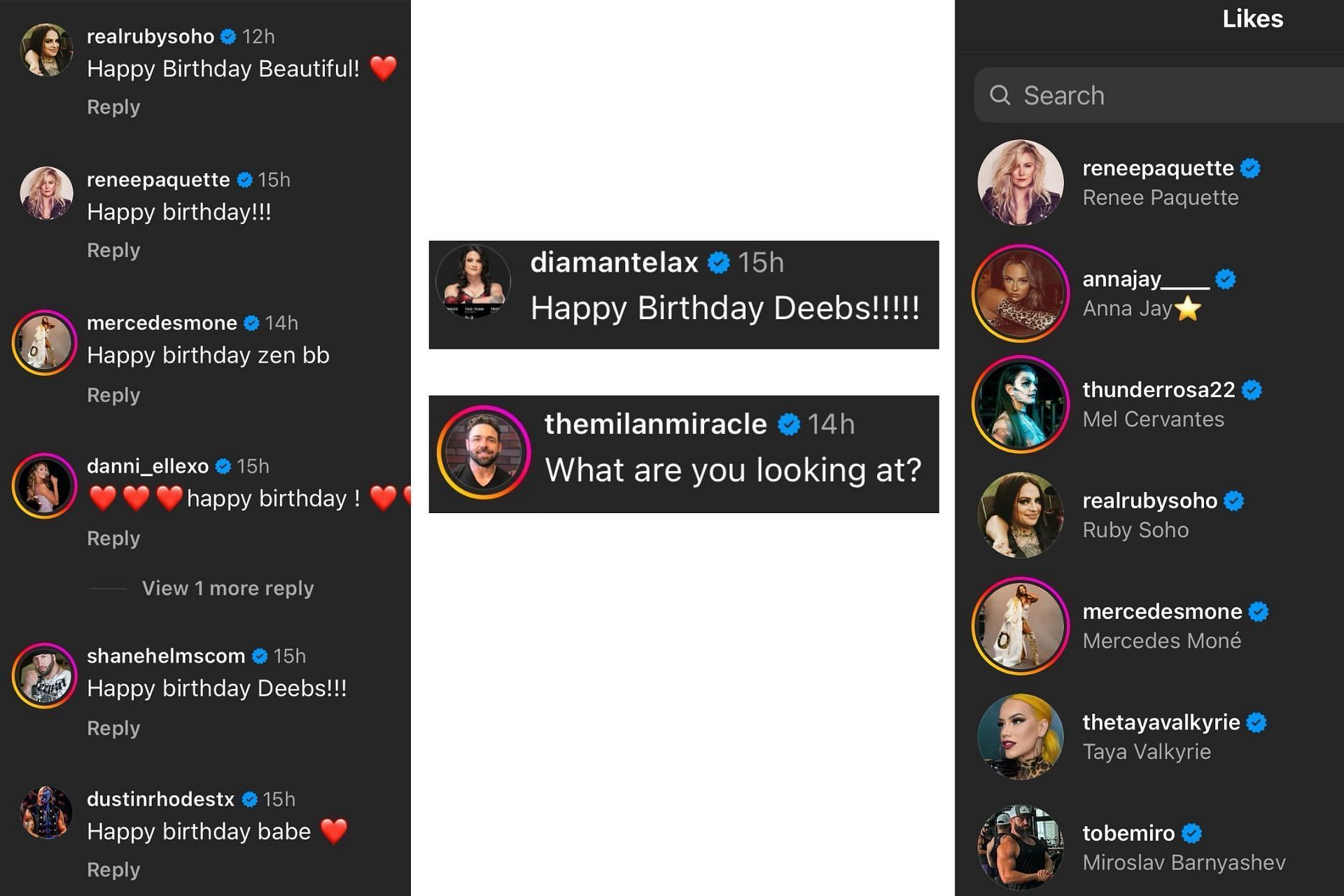 Multiple wrestling personalities reacted to Serena Deeb thanking everyone for birthday wishes through likes and comments on her Instagram post [Credit: Deeb&#039;s Instagram]